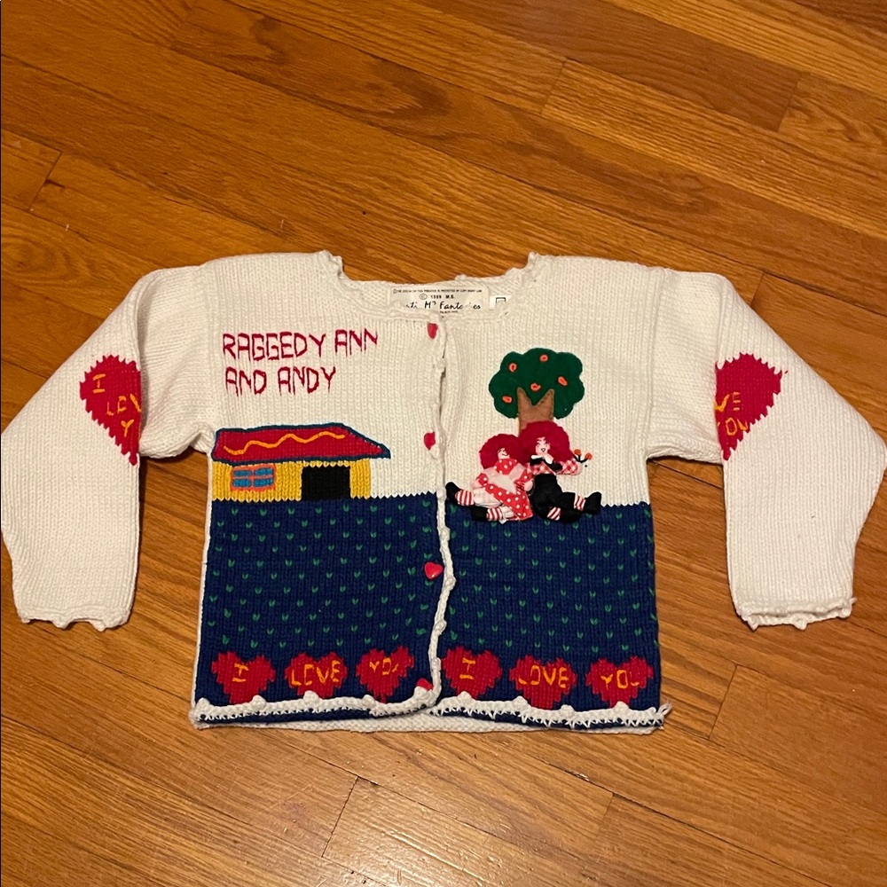 Vintage Aunti M’s Fantasies Raggedy Ann and Andy Kids Knit Cream Sweater- Small